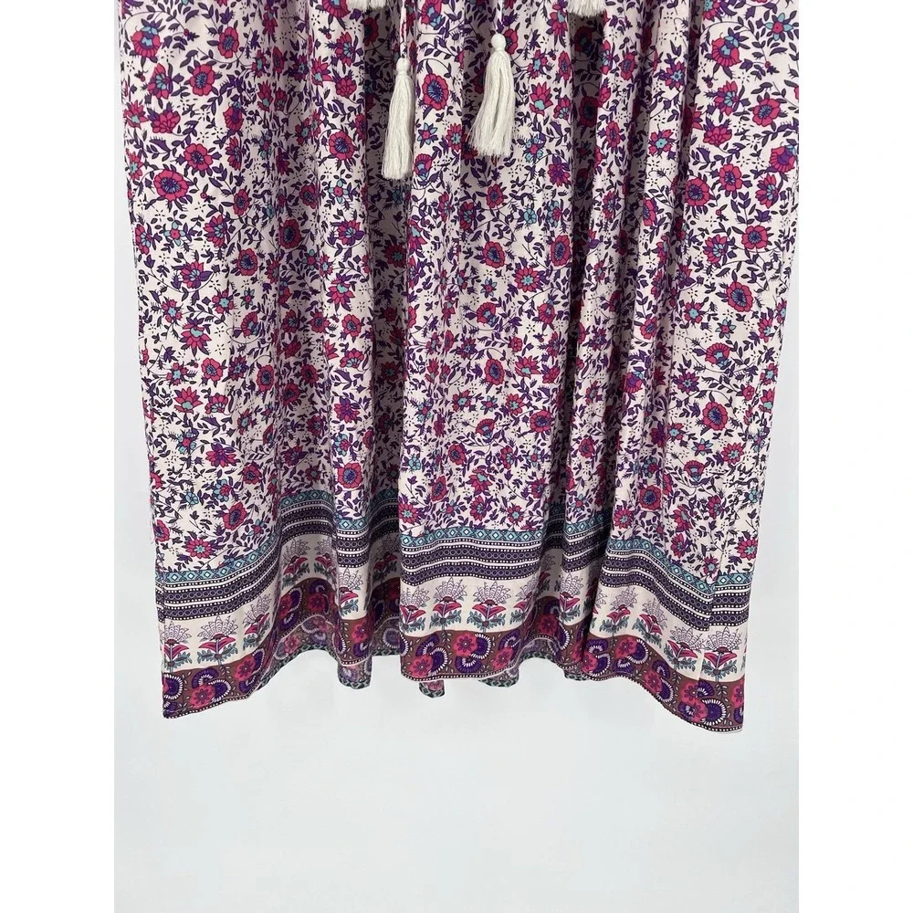 R Vivimos Women's Long Sleeve Floral Print Retro V N Eck Tassel Bohemian  Midi D